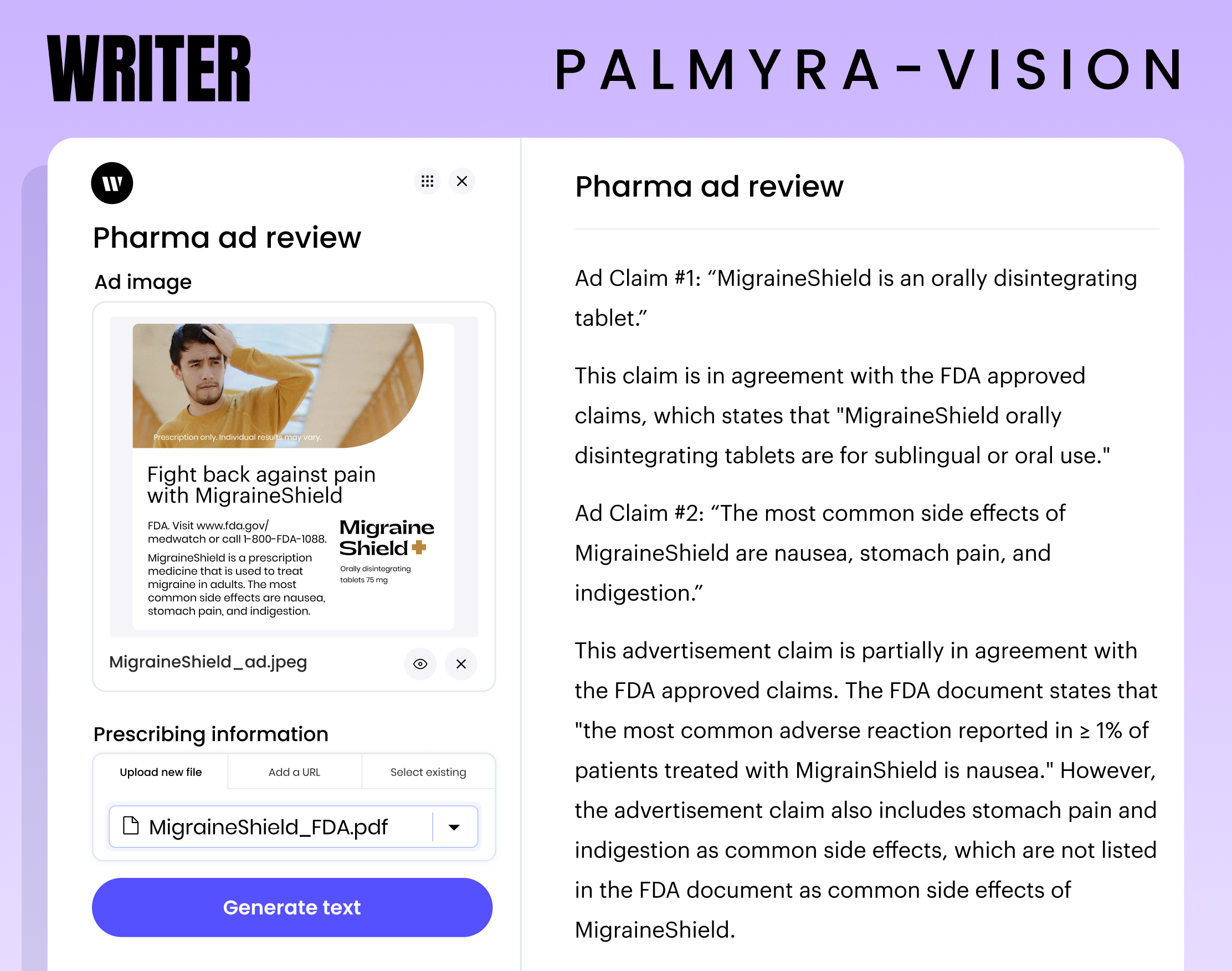 Writer Palmyra Vision example for pharma company checking ad against a document with FDA requirements.