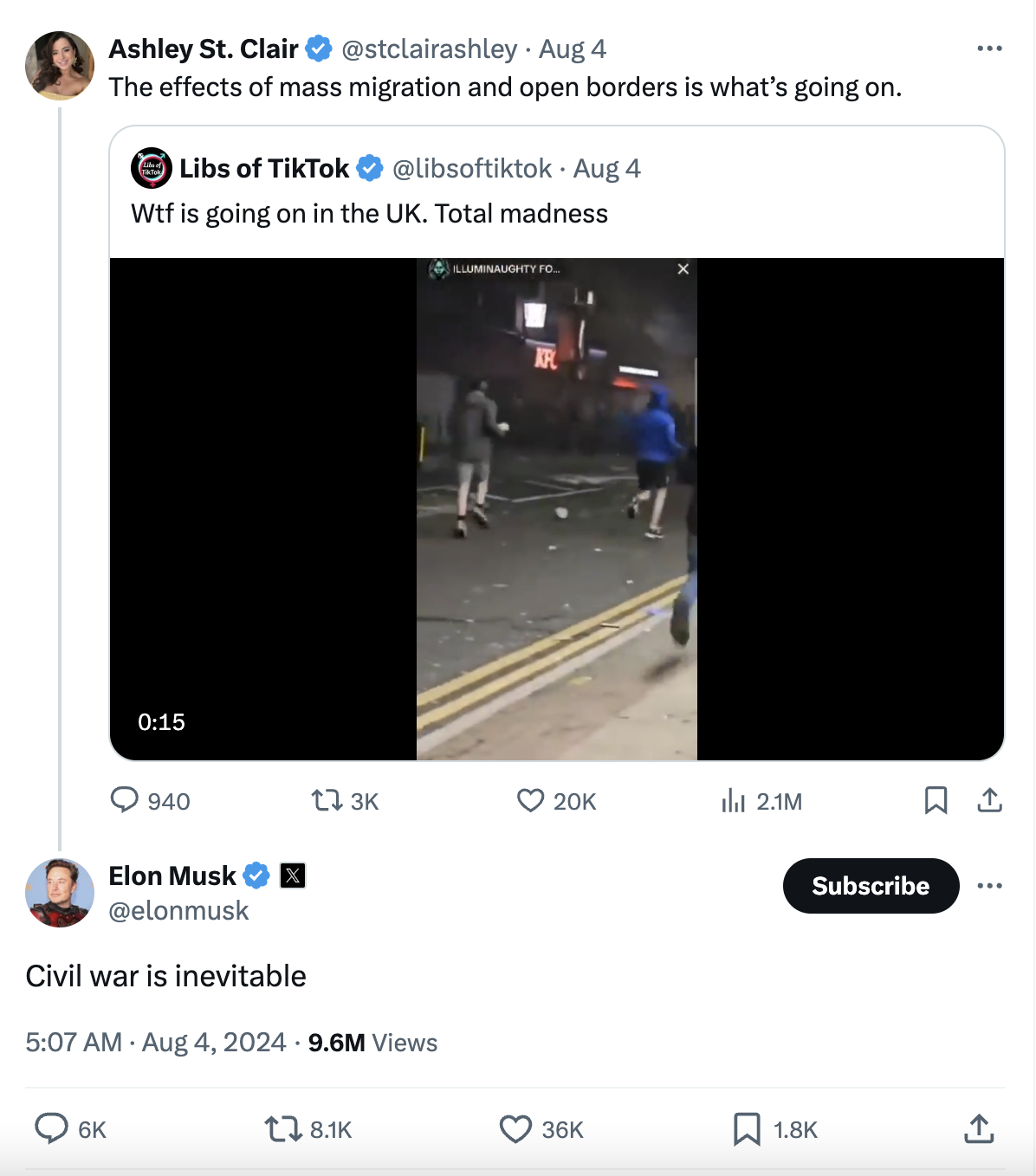 Elon Musk's Tweet saying "Civil war is inevitable" in response to far right violence in the UK.