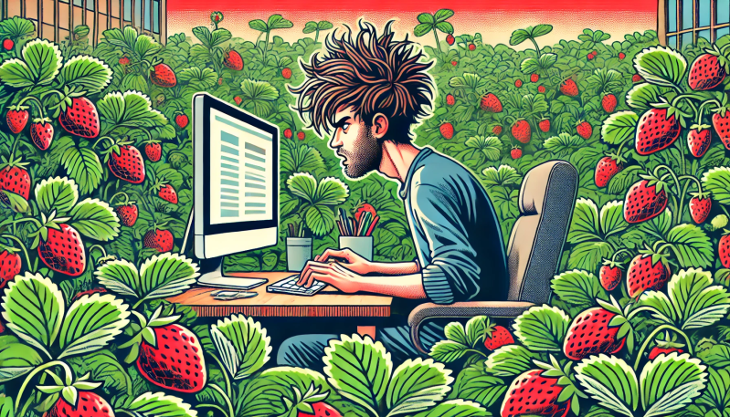 AI cartoon style art of shaggy brown haired man typing on computer in garden of strawberries