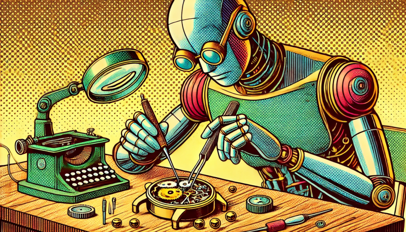 AI golden age sci-fi style art of humanoid robot wearing glasses repairing watch with small. jeweler's screwdriver