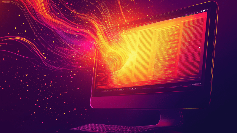 Abstract AI image showing a desktop Mac monitor displaying a sheet emitting orange flame effect against a purple red backdrop