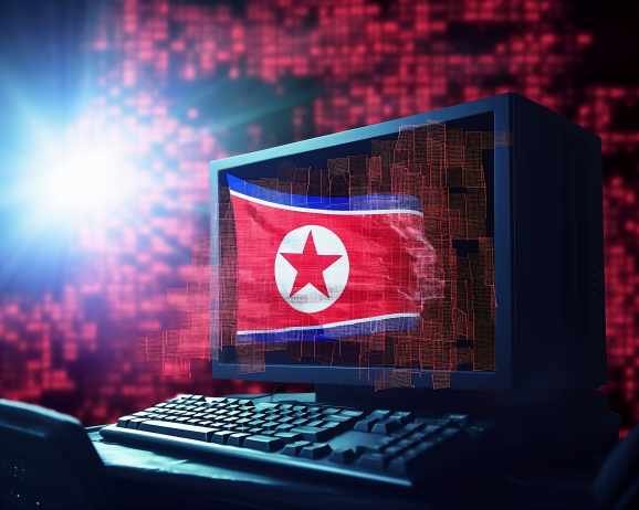 North Korean flag surrounded by malicious computer code.