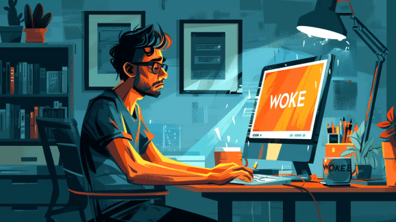 Vector art of a masculine presenting person in a short sleeve T-shirt typing at a desktop computer displaying the text 'Woke' against an orange background.