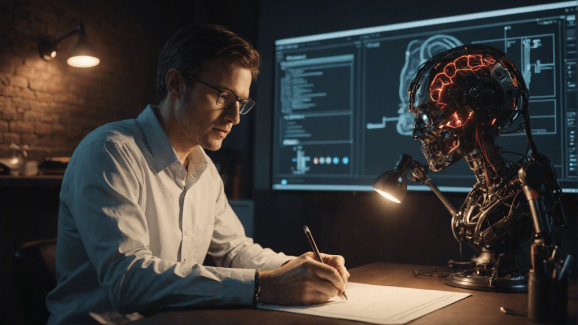 A masculine presenting Caucasian person with short brown hair and glasses holds a pencil over a piece of paper to write beside a monitor displaying data and a bust of a human skull and neck with exposed red brain