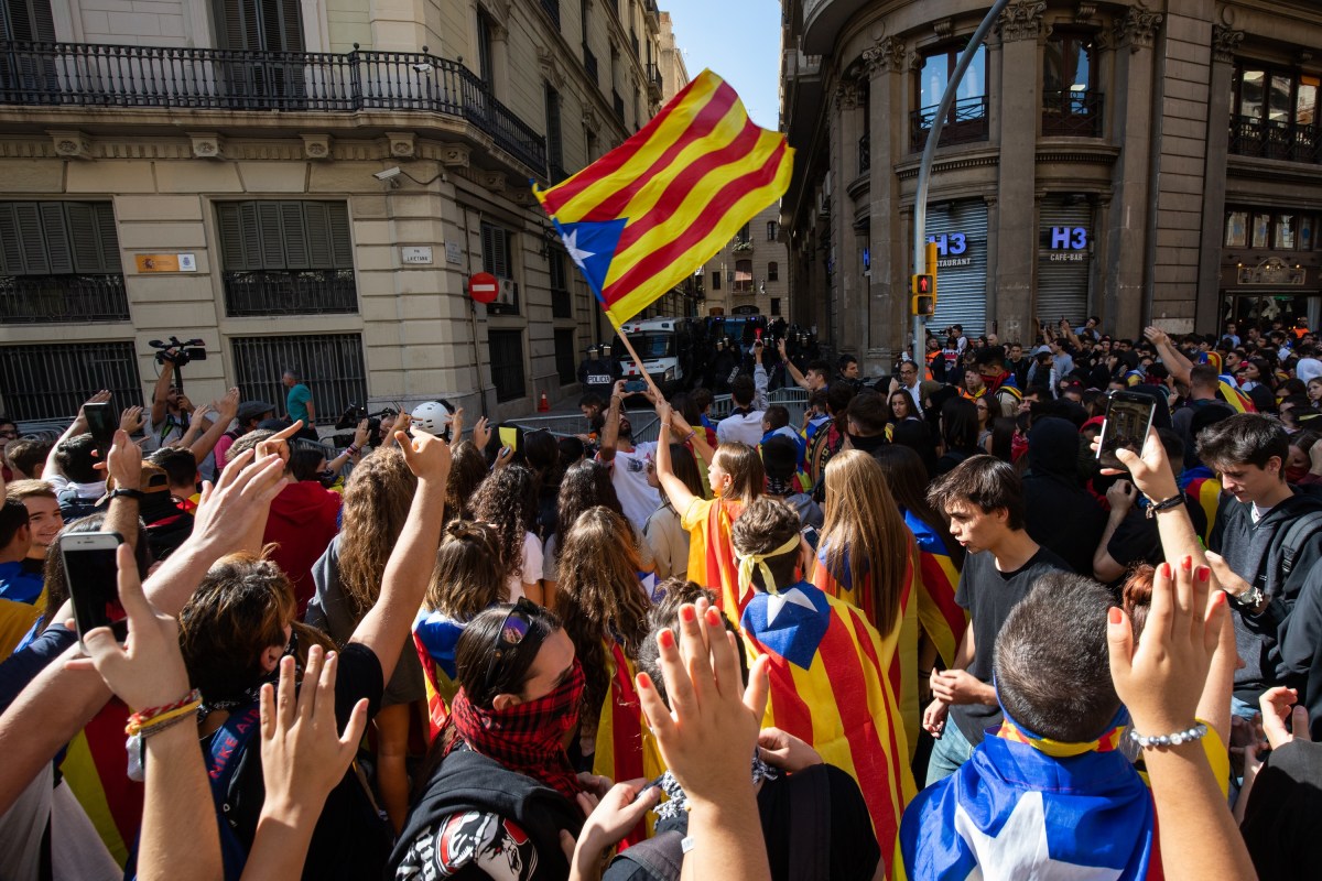 Students protest in Barcelona, Spain, on 17 October 2019 demanding the Freedom of jailed separatist leaders. Thousands of students have taken to the streets to publish their outrage with the ruling of the Superior Court towards the independence leaders. (NurPhoto / Contributor/Getty Images)