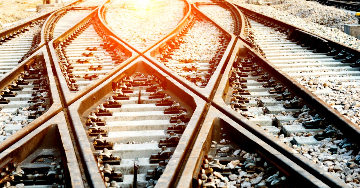 Closeup of intersecting railroad tracks in a train yard