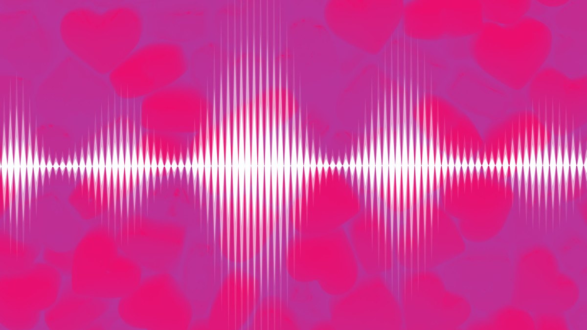 grapic depiction of white soundwaves on pinkish background